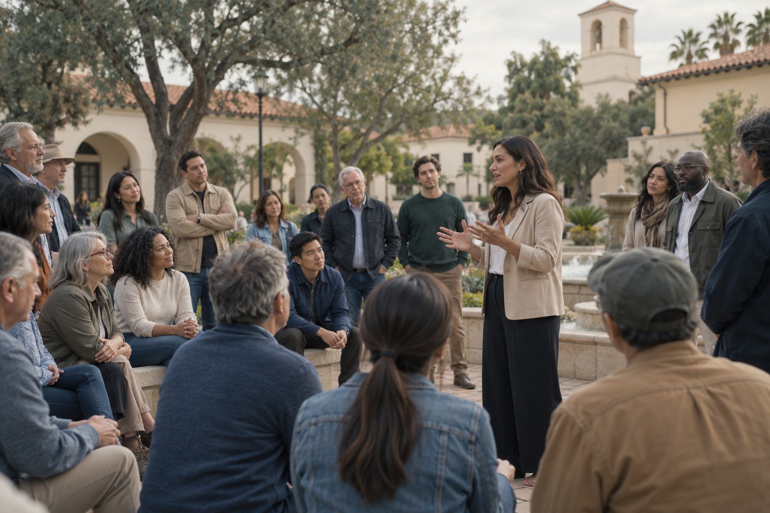 Neighbors participating in an outdoor public forum in a civic town square